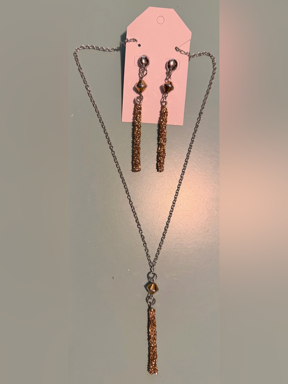 Beautiful Gold-Tone Glitter Bar Necklace with Matching Earrings & Beaded Accents